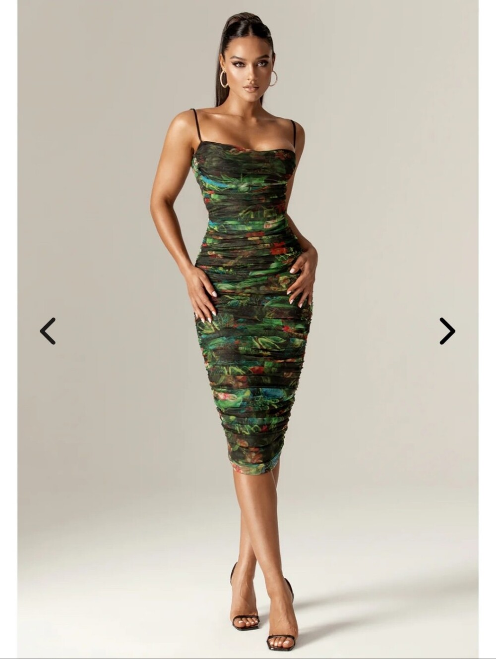 Aliava Green Printed Ruched Midi Dress with Spaghetti Straps